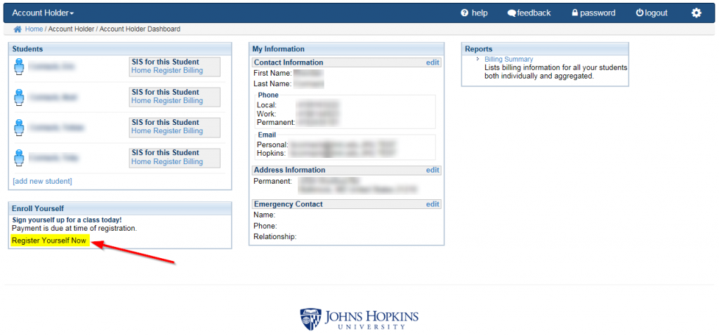 Account Holder Dashboard - register yourself link