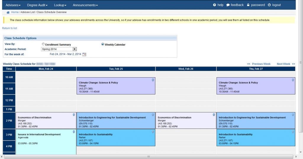 Class Schedule - Weekly Calendar view