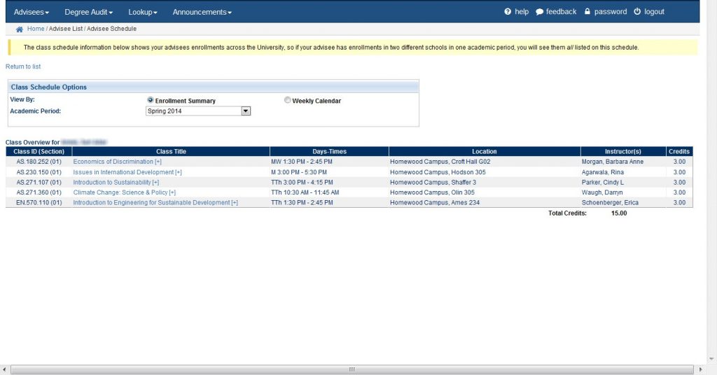 Class Schedule - Enrollment Summary view