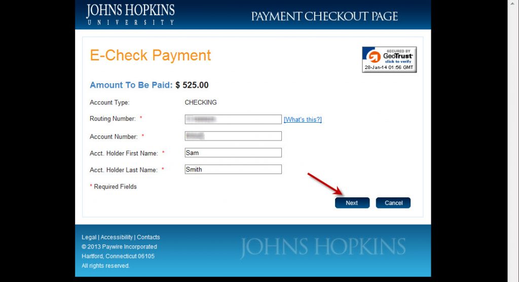 eCheck Payment screen
