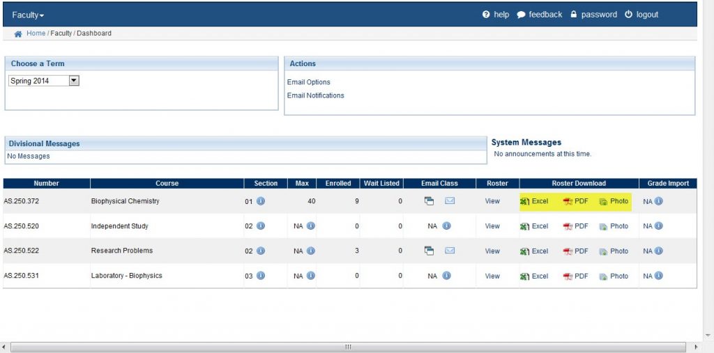 Faculty Dashboard - Select Roster Download Format - Excel, PDF, Photo