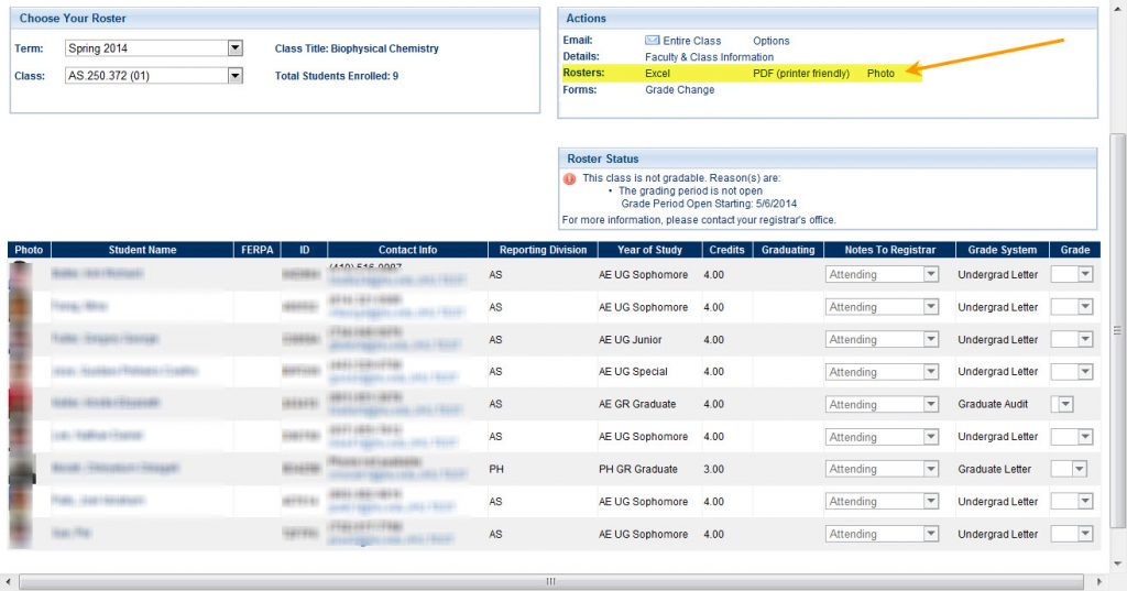 Faculty Dashboard - Grade Roster - Download Roster as Excel, PDF, Photo