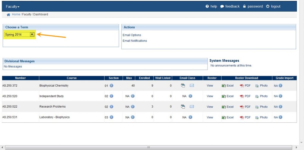 Faculty Dashboard - Choose a Term