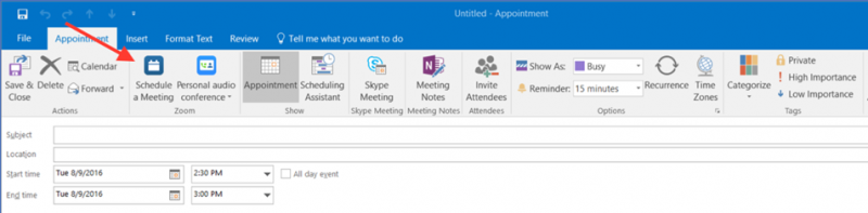 Creating a new Outlook meeting. There is a Schedule a Meeting button in the Zoom section of the banner