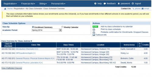 My Class Schedule IT JH University Information Systems