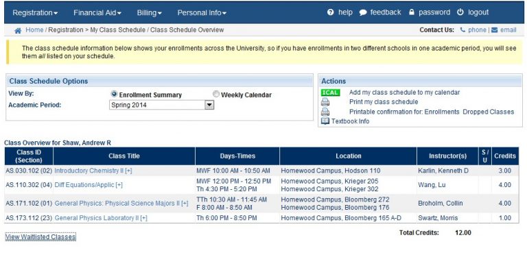 My Class Schedule – IT@JH University Information Systems