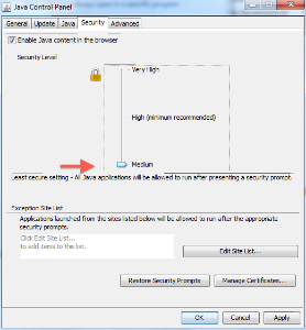 Java Security High (default) to Medium selection
