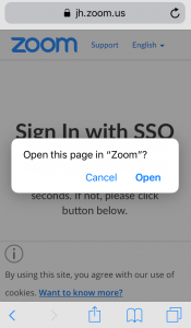 Screenshot of an alert asking whether to open this page in Zoom