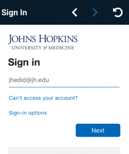 Johns Hopkins Enterprise authentication screen.