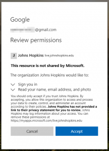 A Google page showing the permissions being requested by Johns Hopkins. They must be accepted in order to continue.
