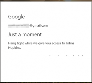 A Google loading page after accepting permissions. It states that it is in the process of granting access to Johns Hopkins.