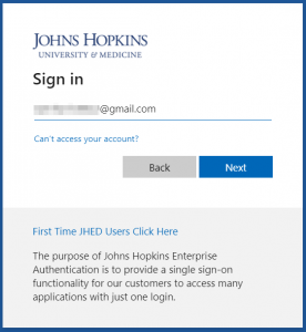 The Johns Hopkins sign page, prompting for an email address.