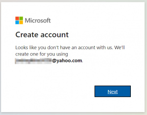 Microsoft account creation page. Click Next to create an account.