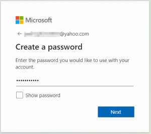 Microsoft account creation page. Create a password.