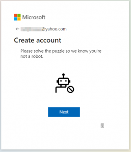 Microsoft account creation. Please solve the puzzle so we know you're not a robot.