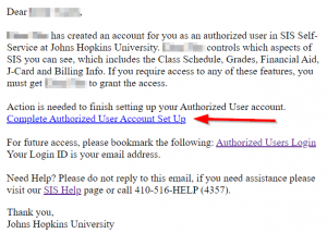 A welcome email indicating that the recipient has been set up as an authorized user. It contains a link to complete authorized user setup.