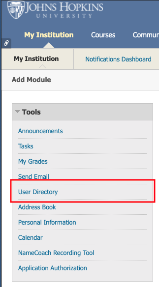 The User Directory is a tool on the My Institution tab.
