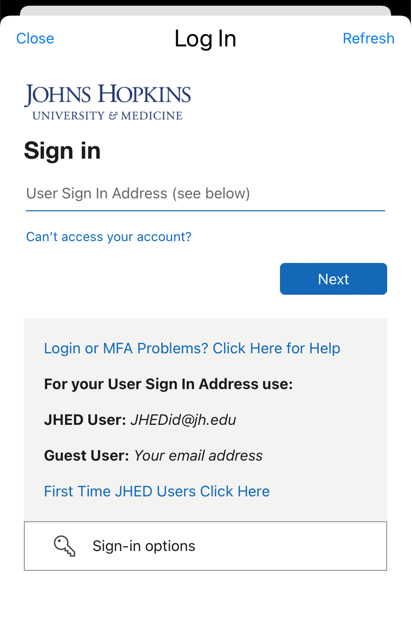 JHED authentication