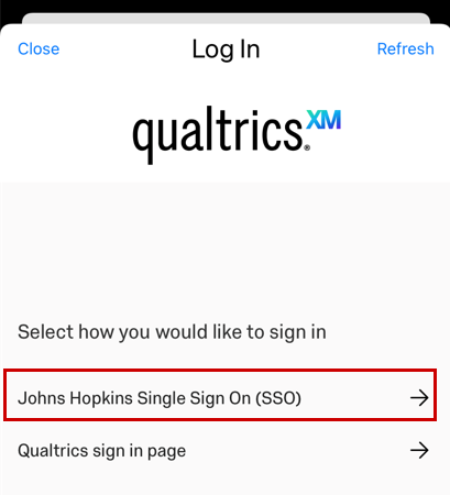 offline mobile app johns hopkins single sign on option