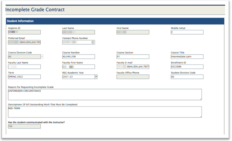Incomplete Grade Requests IT JH University Information Systems