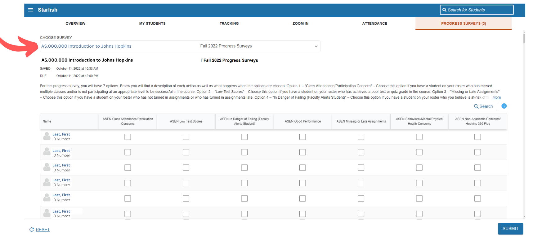 Choose survey on Progress Survey page within Starfish